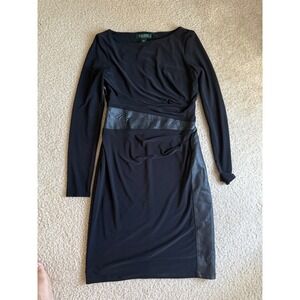 Lauren‎ Ralph Lauren Black Dress Long Sleeve Faux Leather Detail Women's Size 4